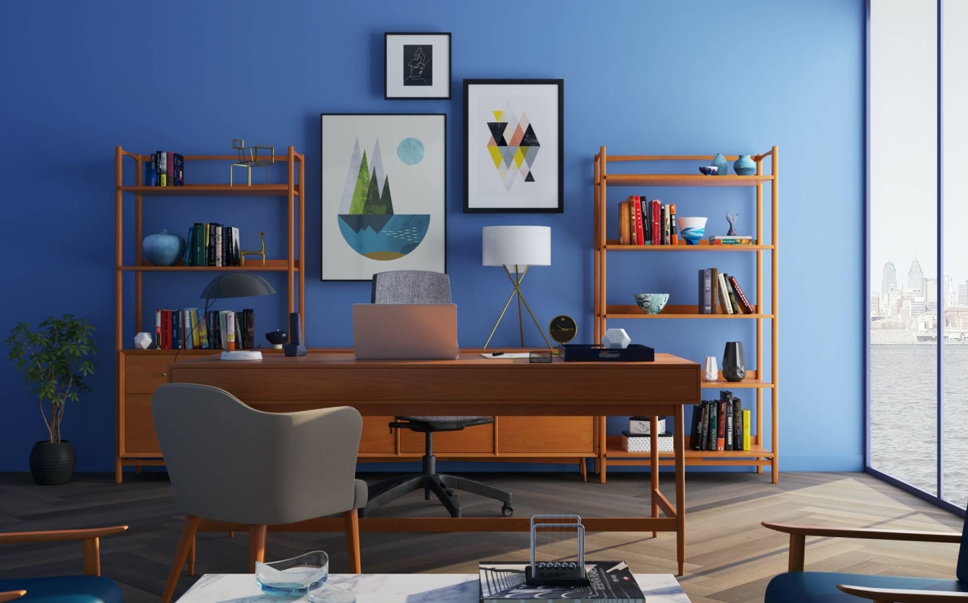 home office with blue wall