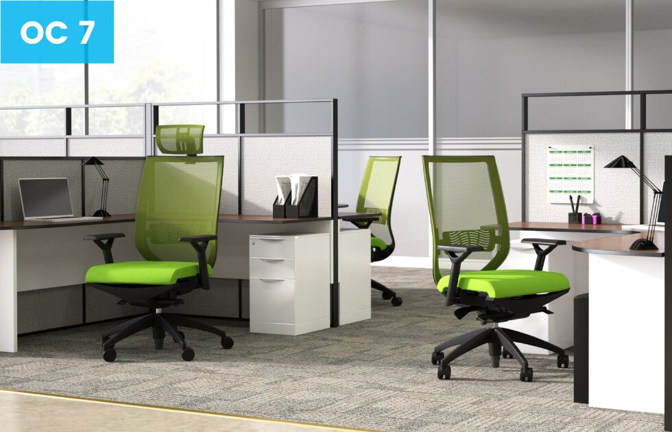 green office chairs with white office desks