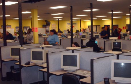 Open office concept with cubicle desks for employees