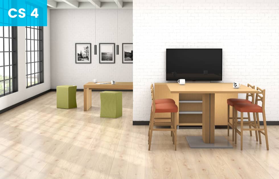 open break room concept with several workstations