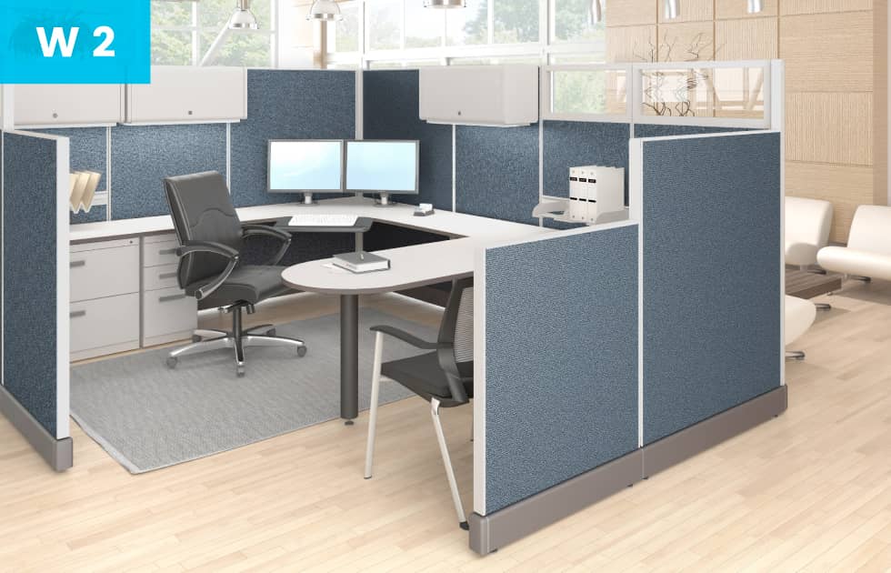 blue cubicle with u shaped desk