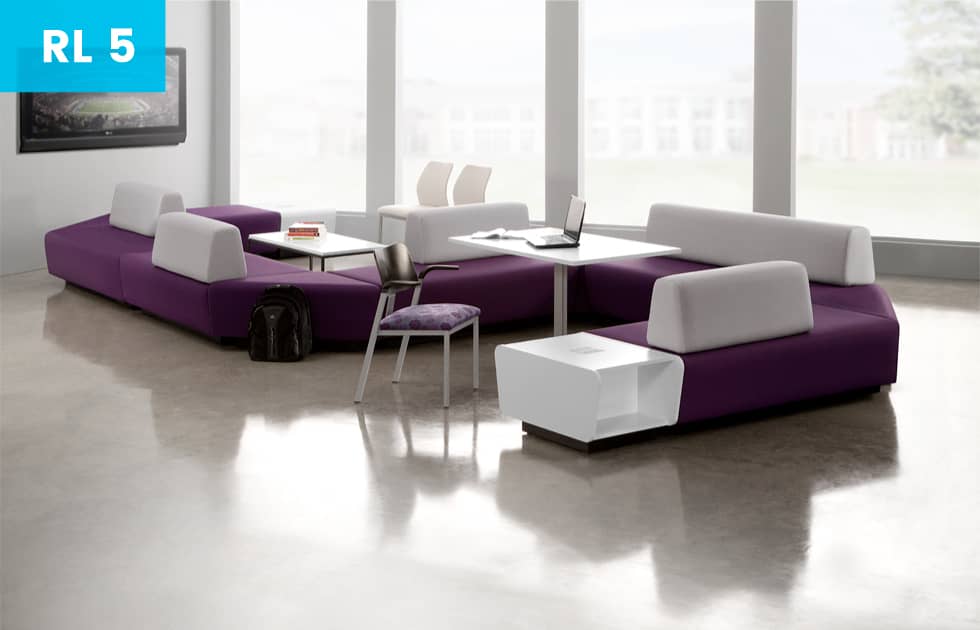 purple couch in office lobby area